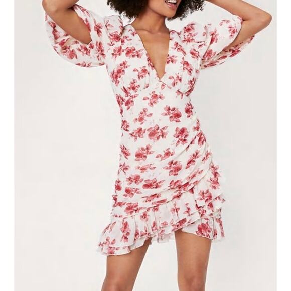 Nasty Gal Floral Puff Sleeve Wrap Mini Dress V-Neck Ruched Ruffle, Pastel Pink - Picture 3 of 11